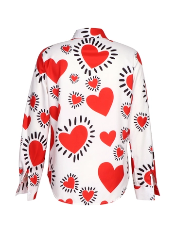 Damen Langarmhemd Mit Knöpfen Und 3D-Herz-Druck Reverskragen Lässige Lockere Bluse Top Für Herbstmode