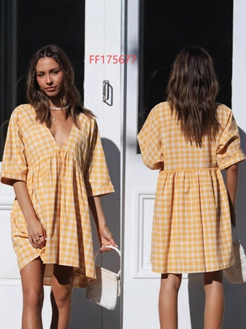 Franse Retro Gingham V-Hals Mini-Jurk Voor Dames Zomer Casual Pofmouwen A-Lijn Polyester Babydoll Jurk Vakantie