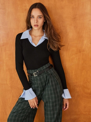 Haut en Tricot Faux Deux Pièces pour Femmes Col en V Rayures Patchwork Chemisier à Manches Longues Style Preppy Décontracté