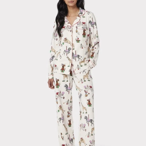 Dames Kerst Cartoon Dierenprint Pyjamaset Lange Mouwen Knoophemd En Broek Satijn Nachtmode Feestelijke Loungewear Pjs