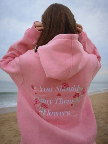 Sweat à Capuche Femme Brodé de Fleurs Sweatshirt Pullover Oversize à Manches Longues avec Imprimé Lettres Poche Kangourou