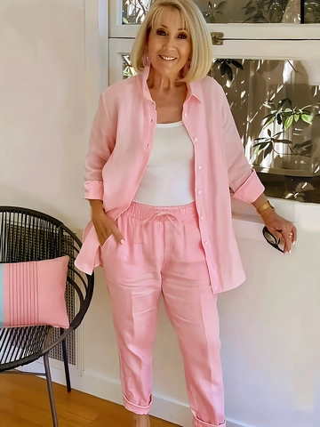 Dames Casual Tweedelige Set Effen Kleur Lange Mouw Button Up Revers Overhemd En Elastische Trekkoord Taille Lange Broek Outfits