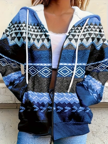 Women Ethnic Bohemian Geometric Print Hooded Zip Up Jacket Vintage Long Sleeve Casual Loose Spring Autumn Hooded Outerwear