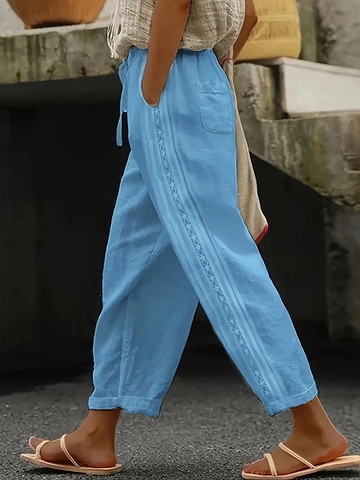 Pantaloni Casual Donna Gamba Dritta Coulisse Vita Alta Celeste Effetto Cotone Lino Design Laterale In Pizzo Traforato