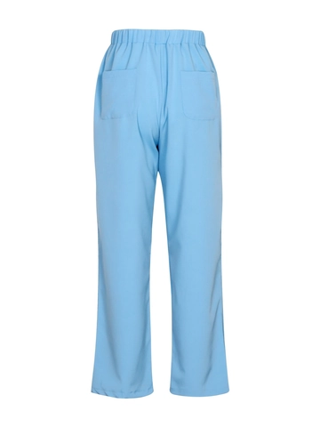 Pantaloni Casual Donna Gamba Dritta Coulisse Vita Alta Celeste Effetto Cotone Lino Design Laterale In Pizzo Traforato