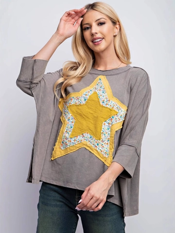 Γυναικείο Oversized T-Shirt με Patchwork Αστέρι Casual Κοντό Μανίκι Στρογγυλή Λαιμόκοψη Vintage Acid Wash Μείγμα Βαμβακιού