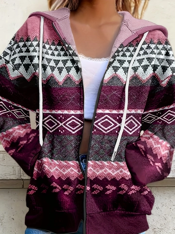 Women Ethnic Bohemian Geometric Print Hooded Zip Up Jacket Vintage Long Sleeve Casual Loose Spring Autumn Hooded Outerwear