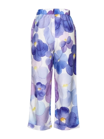 Pantaloni Casual da Donna con Stampa Floreale a Gamba Larga Vita Alta Larghi Pantaloni Dritti Fiori Viola Blu per Spiaggia
