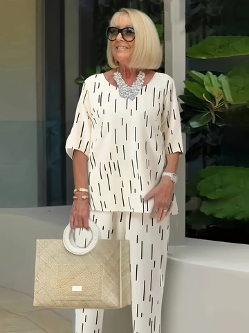 Damen Casual Zwei Teiler Set Polyester Bedruckt Rundhals Halbarm Oberteil Und Lange Hose Modern Minimalistisch Mode Anzug
