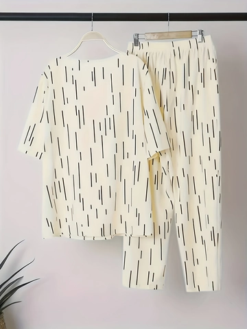 Damen Casual Zwei Teiler Set Polyester Bedruckt Rundhals Halbarm Oberteil Und Lange Hose Modern Minimalistisch Mode Anzug