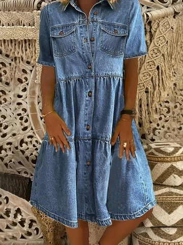 Women Casual Denim Midi Dress Short Sleeve Lapel Button Down Tiered Cake Skirt Washed Solid Color Bohemian Shirt Dresses