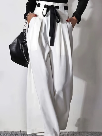 Damen High Waist Weites Bein Hose Elegant Satin Bindegürtel Gerade Locker Lässige Bürohose Weiße Lange Hose