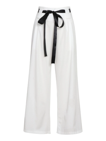 Damen High Waist Weites Bein Hose Elegant Satin Bindegürtel Gerade Locker Lässige Bürohose Weiße Lange Hose