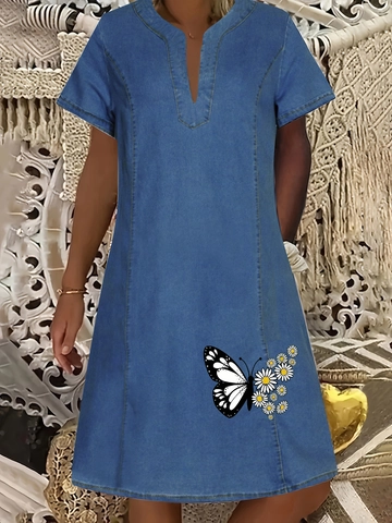 Abito Midi in Denim Casual da Donna Scollo a V Manica Corta Stampa Floreale Viscosa Denim Morbido Abito Estivo a Linea A