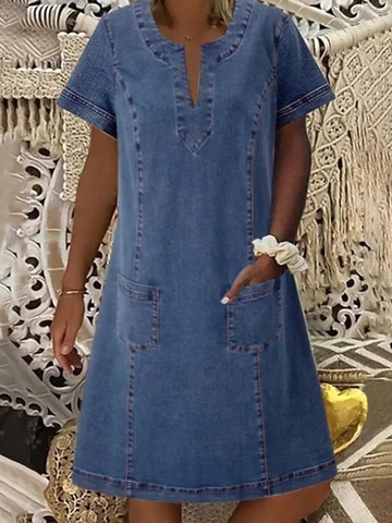 Abito Denim Taglie Forti Donna Scollo V Manica Corta Abito Midi Casual Gonna a Tubino Dritta Con Tasche Moda Estiva Streetwear