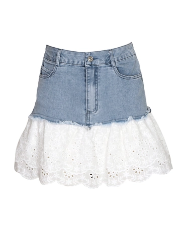 Minifalda de Denim con Retazos de Encaje Blanco Bordado Floral Dulce Falda de Línea A Streetwear Hot Girl Style