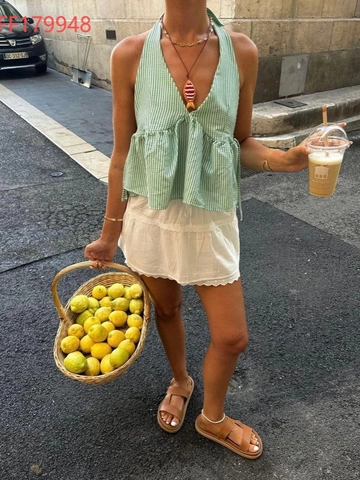 Women Sexy V Neck Halter Top Gingham Stripe Backless Ruffle Peplum Camisole Summer Vacation Sleeveless Tie Back Shirt