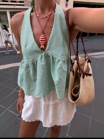 Women Sexy V Neck Halter Top Gingham Stripe Backless Ruffle Peplum Camisole Summer Vacation Sleeveless Tie Back Shirt