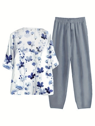 Dames Casual Top En Broek Bloemenprint Ronde Hals Korte Mouw Wijde Pijpen Vakantie Zomer Strandkleding Loungekleding