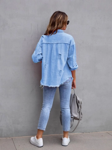 Camicia di Jeans Donna Giacca Distressed Oversize Bordo a Taglio Vivo Manica Lunga Revers Bottoni Blu Chiaro Lavato Jean Top
