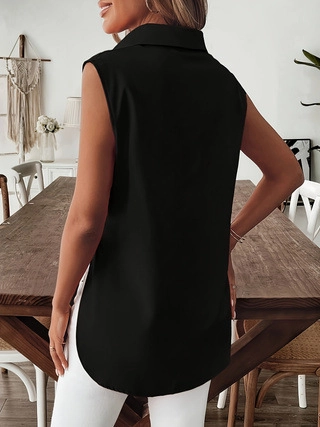 Camicetta da Donna Senza Maniche Casual con Colletto a Punta e Bottoni Spacco Laterale Poliestere Tinta Unita Streetwear Top