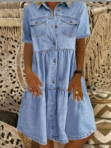 Women Casual Denim Midi Dress Short Sleeve Lapel Button Down Tiered Cake Skirt Washed Solid Color Bohemian Shirt Dresses