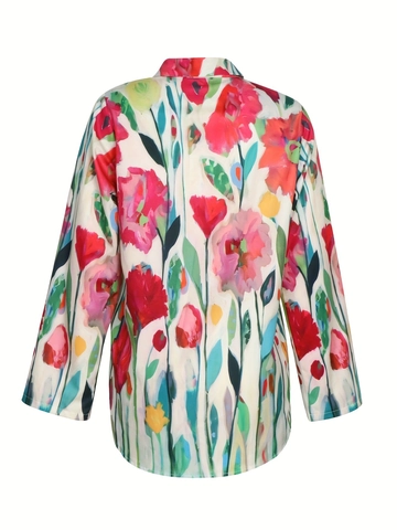 Vintage Women Floral Print Long Sleeve Shirt Casual Loose Lapel Button Up Blouse With Chest Pocket High Low Hem Top