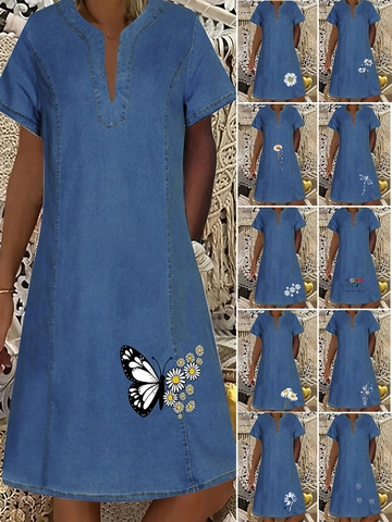 Abito Midi in Denim Casual da Donna Scollo a V Manica Corta Stampa Floreale Viscosa Denim Morbido Abito Estivo a Linea A