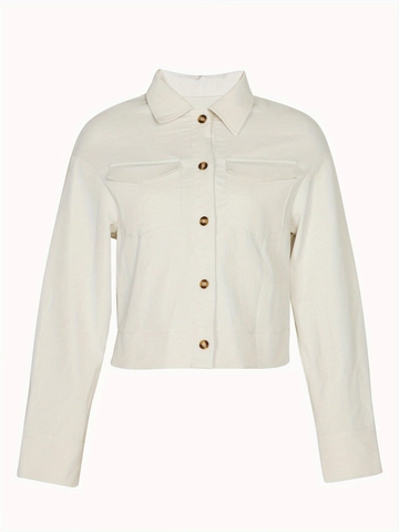 Women Vintage Corduroy Cropped Jacket Button Down Long Sleeve Lapel Solid White Casual Streetwear Outerwear Pocket Coat Top