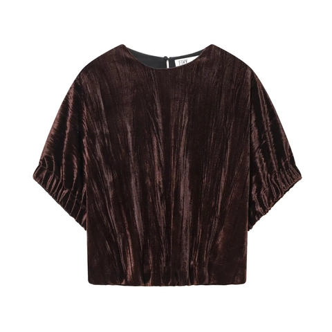 Elegant Women Velvet Ruched Balloon T-Shirt Lantern Sleeve Round Neck Solid Color Casual Short Sleeve Velvet Top