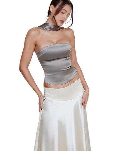 Haut Tube En Satin Sexy Et Choker Pour Femmes Haut Crop Top Ajusté Plissé Sans Manches Dos Nu Haut De Fête