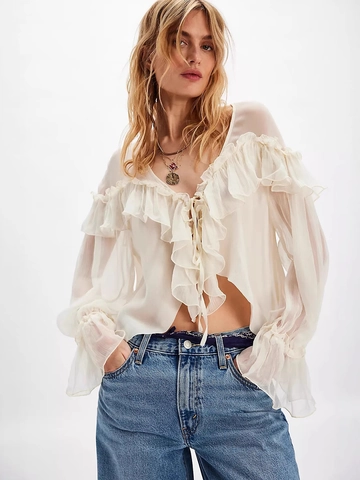 Blusa De Gasa Sexy Con Cuello En V Para Mujer Volantes Manga Larga Lazo Color Sólido Transparente Top Bohemio Para Fiesta Diaria
