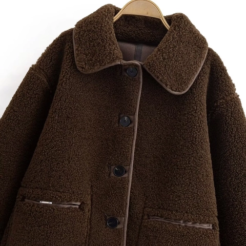Giacca da Donna Casual Larga in Vello Sherpa Cappotto Colletto a Punta Bottoni Teddy Capispalla Con Tasche Caffè Tinta Unita Inverno