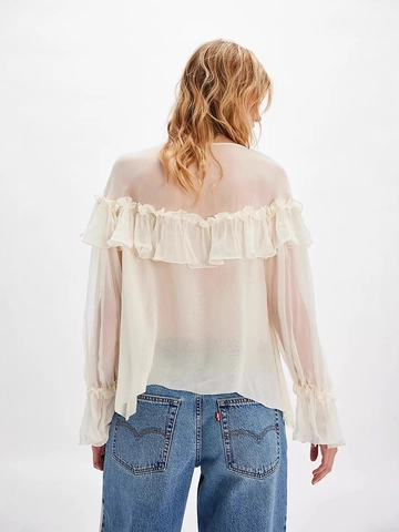 Blusa De Gasa Sexy Con Cuello En V Para Mujer Volantes Manga Larga Lazo Color Sólido Transparente Top Bohemio Para Fiesta Diaria