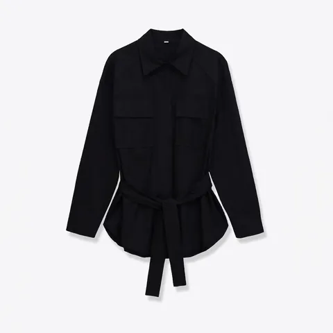 Dames Mode Zwarte Utility Blouse Met Riem Lange Mouwen Reverskraag Zak Taille Knoop Effen Polyester Overhemd Top Bovenkleding