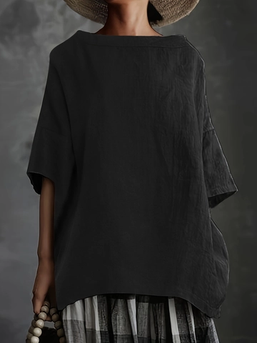 Camiseta Holgada Casual Mujer Vintage Cuello Redondo Top Manga Corta Oversized Vacaciones Verano Pullover Color Sólido Tee Poliéster