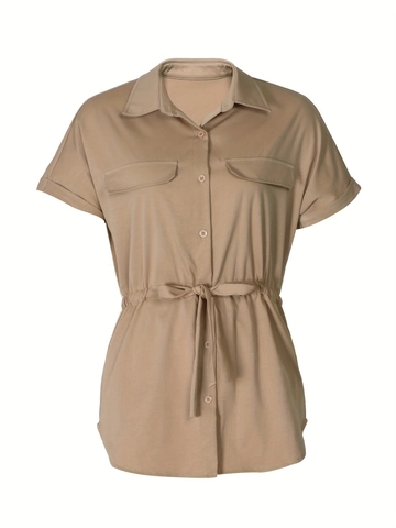 Dames Casual Safari-stijl Shirt met Korte Mouwen Trekkoord Taille Revers Knoopsluiting Top Polyester Mix Zomer Vakantie Blouse