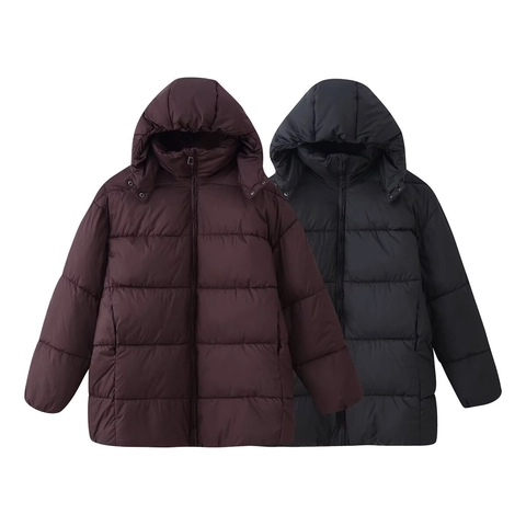 Chaqueta Acolchada Suelta para Mujer con Capucha Casual Color Sólido Abrigo de Invierno Cálido Poliéster con Cremallera