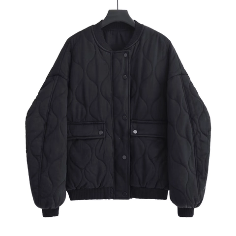 Women Oversized Onion Quilted Bomber Jacket With Pockets Snap Button Ribbed Trim Warm Polyester Cotton Padding Coat Winter Jacket