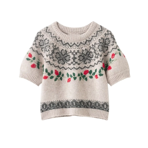 Maglione in Maglia Jacquard Fair Isle Vintage da Donna con Ricamo Floreale Retro Girocollo Manica Corta