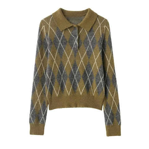 Pull Polo en Tricot Argyle Rétro pour Femmes Manches Longues Bouton Devant Col Rabattu Pullover Automne Hiver Style Preppy