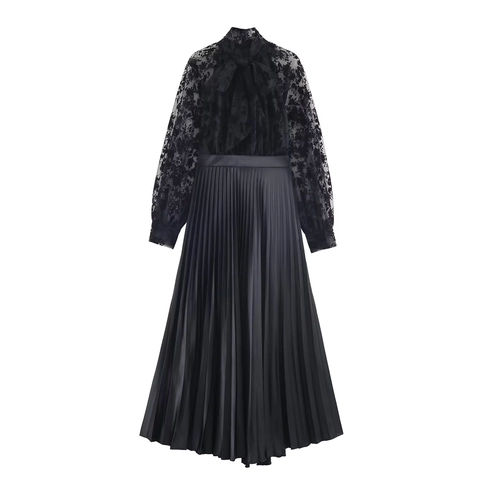Vrouwen Elegante Kant Patchwork Geplooide Maxi Jurk Vintage Strik Lantaarnmouw Hoge Taille A-Lijn Lange Jurk Voor Feest Gown