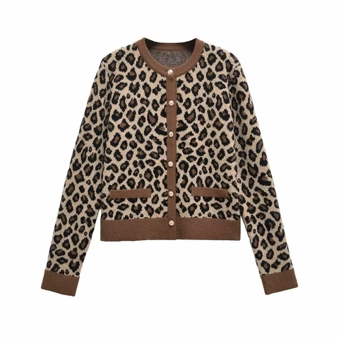Women's Retro Leopard Print Knit Cardigan Round Neck Single Breasted Long Sleeve Slim Fit Autumn Winter Sweater Fashion Jacket