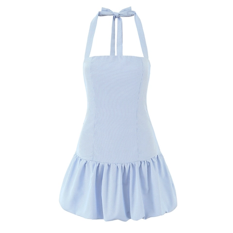 Robe Mini à Rayures Dos Nu pour Femme Nœud au Dos Ourlet à Volants Sans Manches Été Plage Vacances Robe Soleil Sexy Décontractée