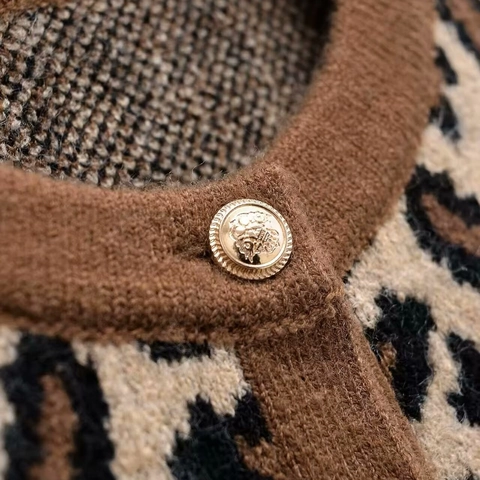 Women's Retro Leopard Print Knit Cardigan Round Neck Single Breasted Long Sleeve Slim Fit Autumn Winter Sweater Fashion Jacket