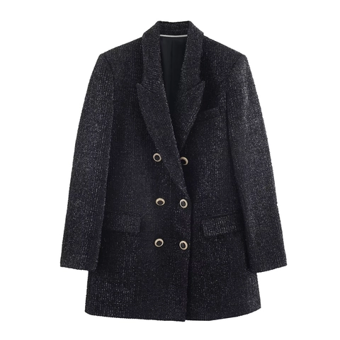 Dames Mode Double-breasted Metaaldraad Tweed Blazer Jas Elegante Zwarte Gouden Knoop Lange Mouw Kostuum Jas Bovenkleding