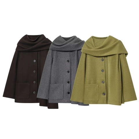 Cappotto in Lana da Donna con Collo a Sciarpa Tinta Unita Giacca Mantella Elegante con Bottoni e Tasche Streetwear Invernale