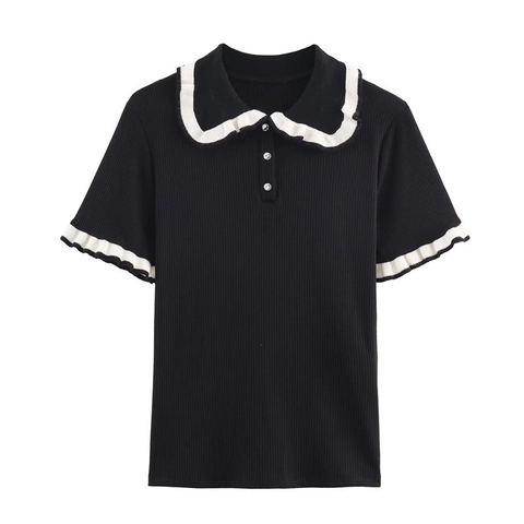Damen Preppy Süßes Gestricktes Polo T-Shirt Kontrastrüschenkragen Kurzarm Slim Geripptes Top Mit Strassknöpfen