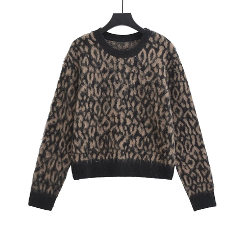 Pull en Maille Léopard pour Femmes Décontracté Manches Longues Col Rond Pullover Streetwear Haut en Tricot