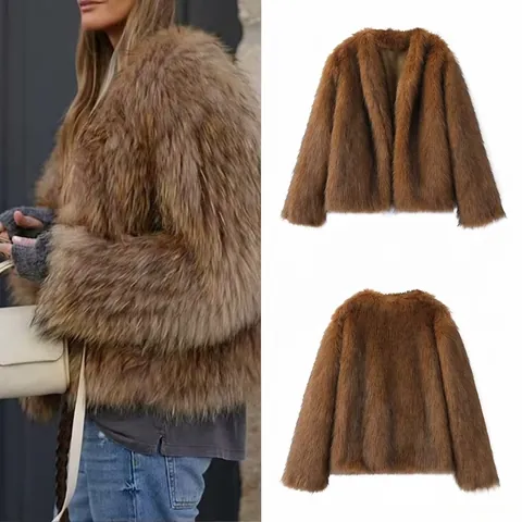 Women Elegant Faux Fur Coat Winter Warm Jacket Long Sleeve V Neck Open Front Loose Fit Solid Color Fashion Outerwear